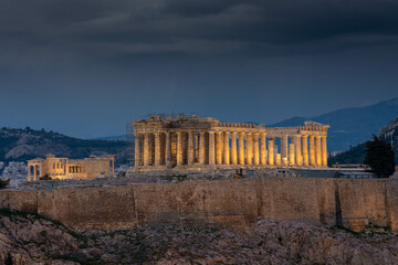Beautiful night view of the Parthenon and the Acropolis, Athens in Greece