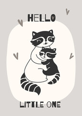Vector illustration of cute mother and baby raccoon. Happy mother's day printable card.