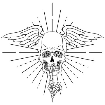 Shuhing skull. Hand drawn vector skull with wings and shushing skeleton hand isolated on white background. Monochrome. Tatoo. Poster. Vintage.