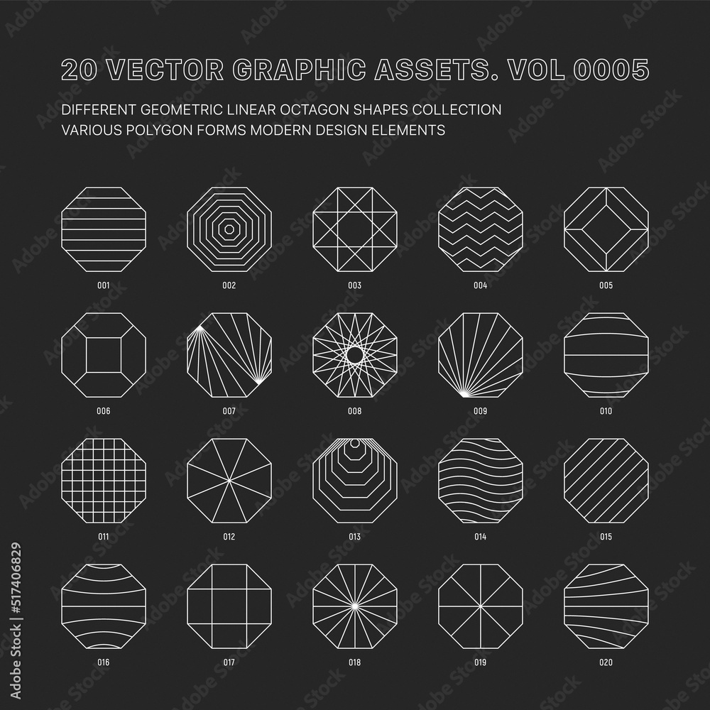 Aufkleber vector graphic assets various outline geometric octagon shapes collection isolate on back. line art 