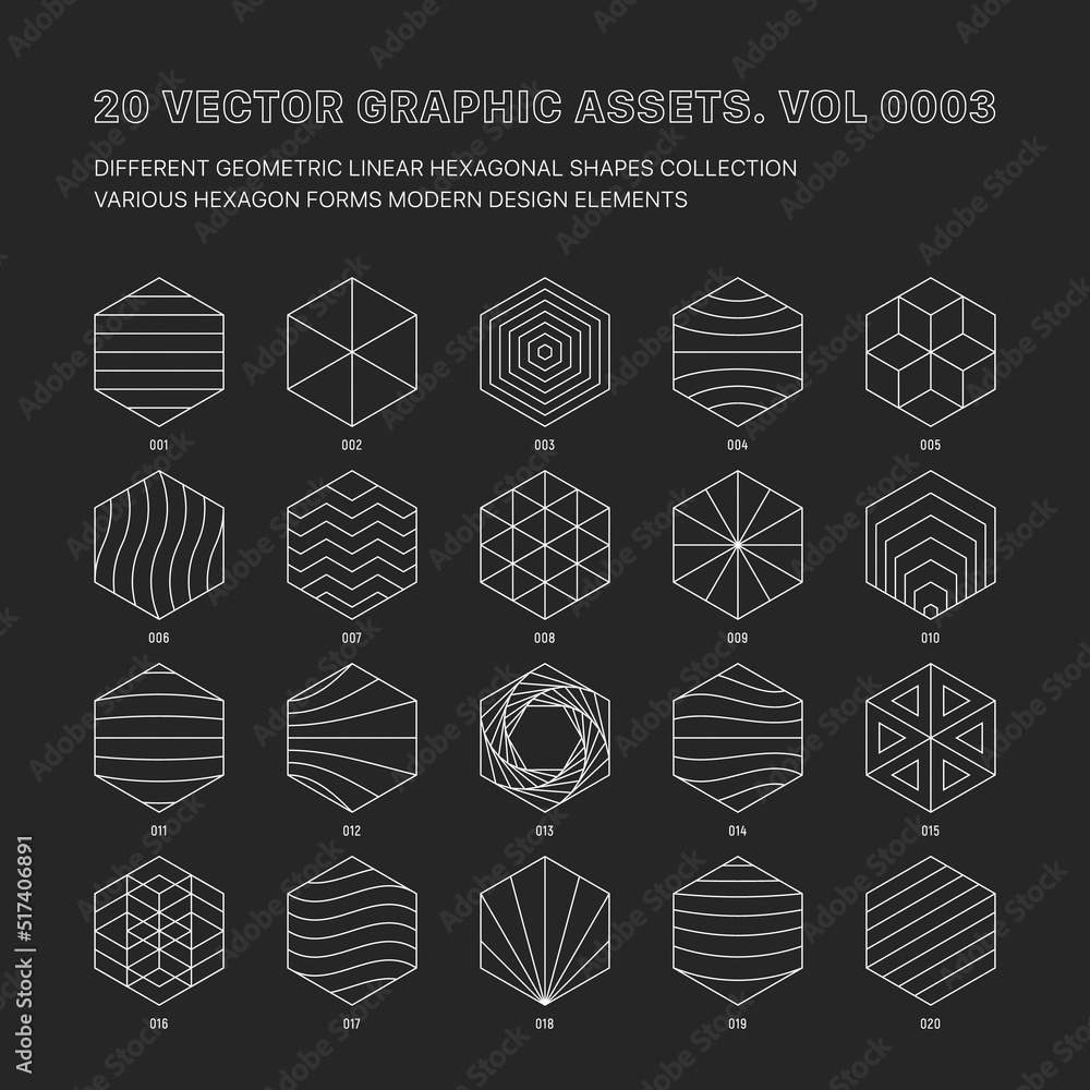 Aufkleber vector graphic assets various outline geometric hexagon shapes collection isolate on back. line art 