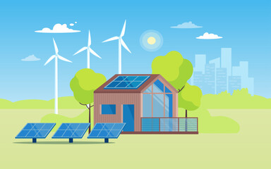 Vector banner Eco-friendly modern house, solar panels and windmills. In the distance you can see the city, skyscrapers. The concept of using green energy in a private house. Vector illustration in a