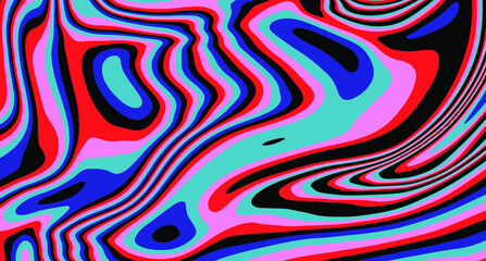 Abstract op-art trippy background with warped colorful lines. Trippy 70s style illustration.