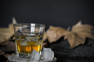 Photo of a glass of whiskey with ice on a wooden stand and two more ice cubes next to it. A glass stands on a wooden table against a background of autumn leaves.