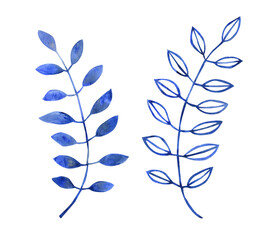 watercolor blue branch with leaves. hand drawn illustration for your design on white background.