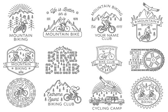 Set of Mountain biking badge, logo, patch. Vector illustration. Concept for shirt or logo, print, stamp or tee. Vintage line art design with man riding bike and mountain silhouette.