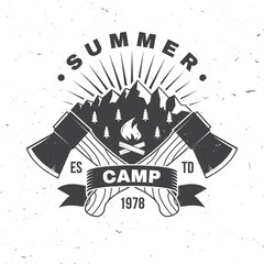 Summer Camp. Vector illustration. Concept for shirt or logo, print, stamp or tee. Vintage typography design with axe, campfire, forest and mountain silhouette. Camping quote.