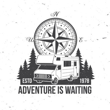 Adventure is waiting. Vector illustration Concept for shirt or logo, print, stamp or tee. Vintage typography design with compass, camper rv and forest silhouette. Camping quote.