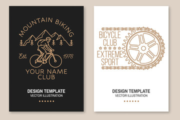 Set of Mountain biking flyer, brochure, banner, poster. Vector illustration. Concept for shirt or logo, print, stamp or tee. Vintage line art design with man riding bike and mountain silhouette.