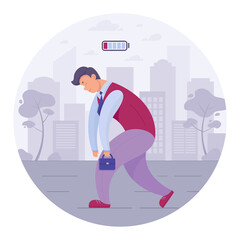Tired office worker walks through the city. Sad man with the briefcase. Flat character. Cute cartoon. Vector illustration