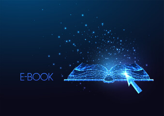 E-book, digital library, online learning concept with futuristic open book and arrow pointer