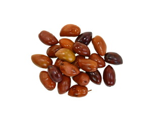 marinated olives in group closed up isolated on white