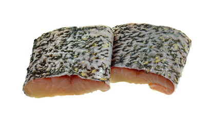 pieces of fresh raw pike fish isolated on white