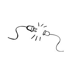 Electric socket with a plug. Concept of 404 error connection. Electric plug and outlet socket unplugged. Wire, cable of energy disconnect, vector, page, hand drawn, not found, system, updates