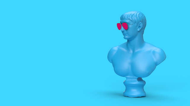 3d render Roman bust in modern pink and blue glasses