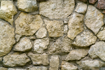 Wall of gray stones. Stone building background.