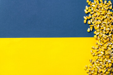 Corn grains on Ukrainian flag background. Global and European grain and wheat crisis after Russia's...