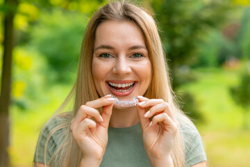 Happy girl holding transparent removable retainer. Bite correction device.