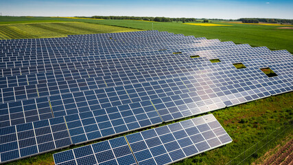 Aerial view of solar panels as a renewable energy source.