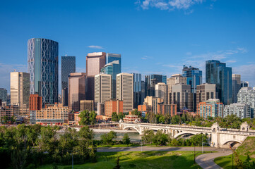 Summer views of Calgary Alberta along the Bow River.