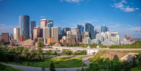 Summer views of Calgary Alberta along the Bow River.