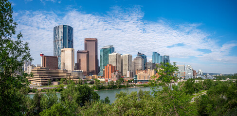 Summer views of Calgary Alberta along the Bow River.