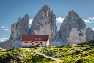 Mountain shelter Dreizinnen hut in Dolomites, Italy