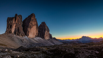 Fototapeta na wymiar Panorama of Tre Cime di lavaredo after sunset, Dolomites