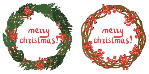 Christmas wreath. Vector illustration. Happy Christmas. Coniferous branches and decorations. Elements of a festive decor on a white background..
