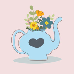 Blue cute teapot with a bouquet of flowers. Spring flowers. Can be used for greetings, cards, posters, congratulations, tea room or shop.