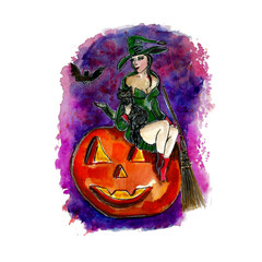 Hand drawn bright watercolor illustration black-haired witch in a green dress and red boots seating on a pumkin with black cat and bat.