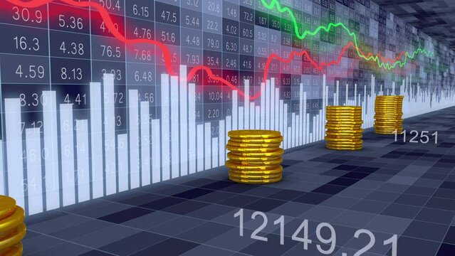 Stacks of gold coins and moving charts and columns on the background of a dynamic stock market board. 3d render
