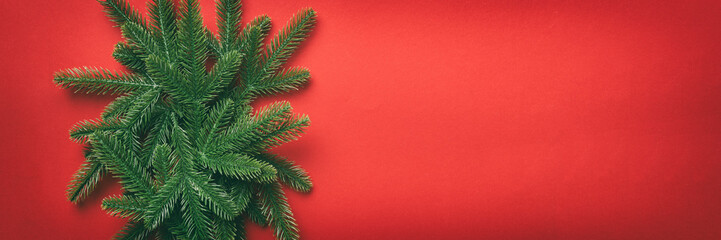 Christmas holiday background with copy space for advertising text. Fir branches on color background . Flat lay, top view