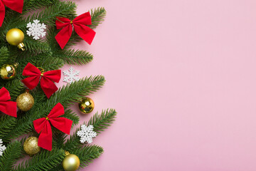 Christmas background with fir branches and Christmas decor. Top view, copy space for text