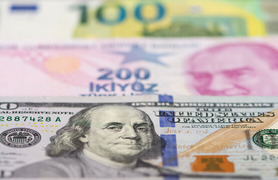 various banknotes. Photos of the US dollar, Turkish lira and euro.
