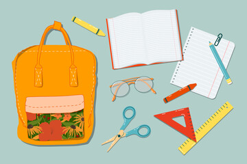 Backpack, crayons, pencils, glasses, scissors and note book on a table. Trendy top down view illustration. Autumn atmosphere. Modern cartoon hand drawn group of things design for web card, banner.