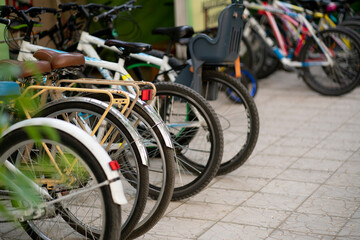 row of bicycles parked in the street for rent, eco friendly transport