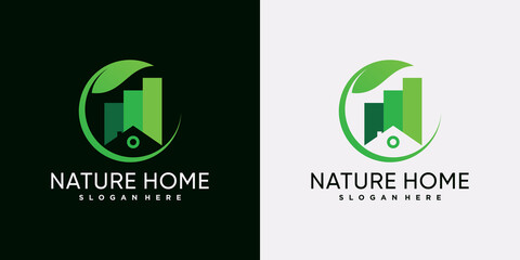 Nature house logo design template with green leaf and creative element