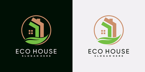 Eco house logo icon template with green leaf and creative element