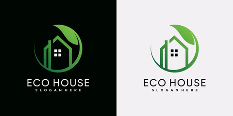 Eco house logo icon template with green leaf and creative element