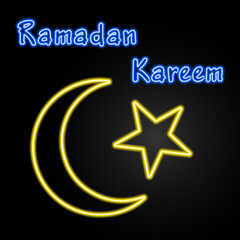 Obraz premium crescent star neon sign, modern glowing banner design, colorful modern design trends on black background. Vector illustration.