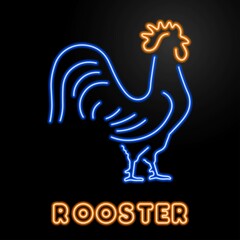 rooster neon sign, modern glowing banner design, colorful modern design trends on black background. Vector illustration.