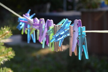 Clothespins outside on the clothesline
