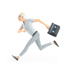 3d senior man running with a briefcase - obrazy, fototapety, plakaty
