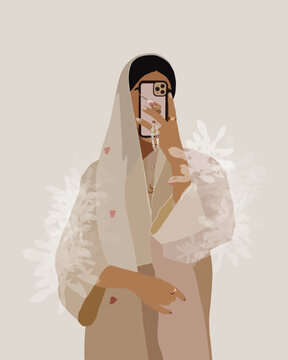 Fashion Arabic Muslim Woman In Hijab And Abaya. Stylish Islamic Model In Hijab. Illustration Of A Young Arab Emirati Woman In Traditional Dress. Avatar Of Stylish Muslim Woman For Social Network