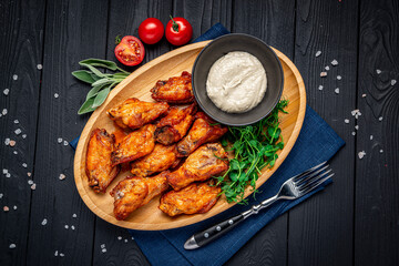 Fried chicken wings with white sauce on a dark background