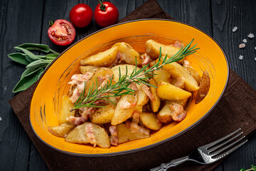 Baked potatoes with bacon and rosemary