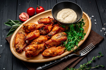 Fried chicken wings with white sauce on a dark background