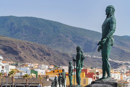 View of the city of Candelaria with the statues of the Guanche gods, in Tenerife, Canary Islands