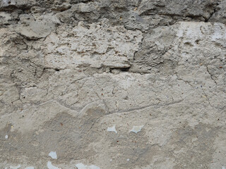 Grunge Cracked Concrete Wall With Peel Grey Stucco Texture. Retro Vintage Worn Wall Wallpaper. Decayed Cracked Rough Abstract Banner Surface.